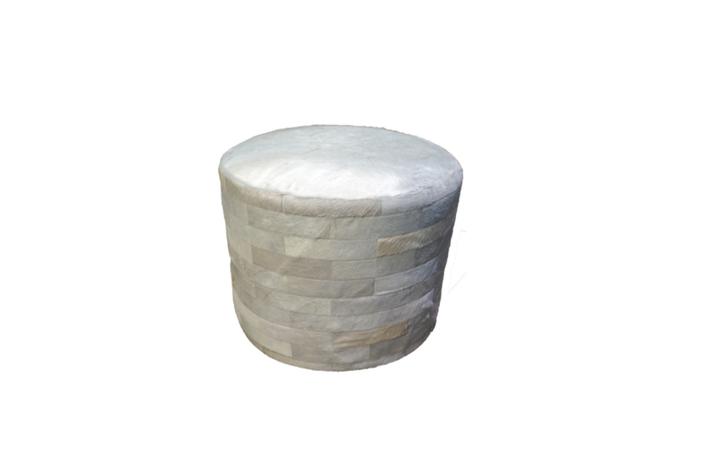 Cowhide 24" Round Patchwork Ottoman - white